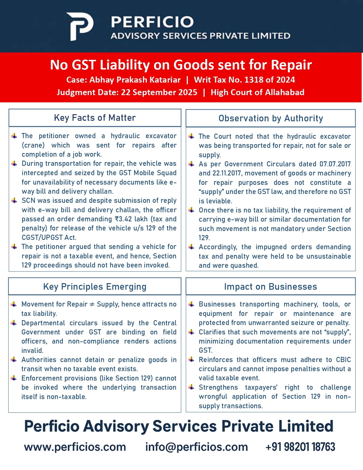 GST High Court Ruling - No GST Liability on Goods sent for Repair
