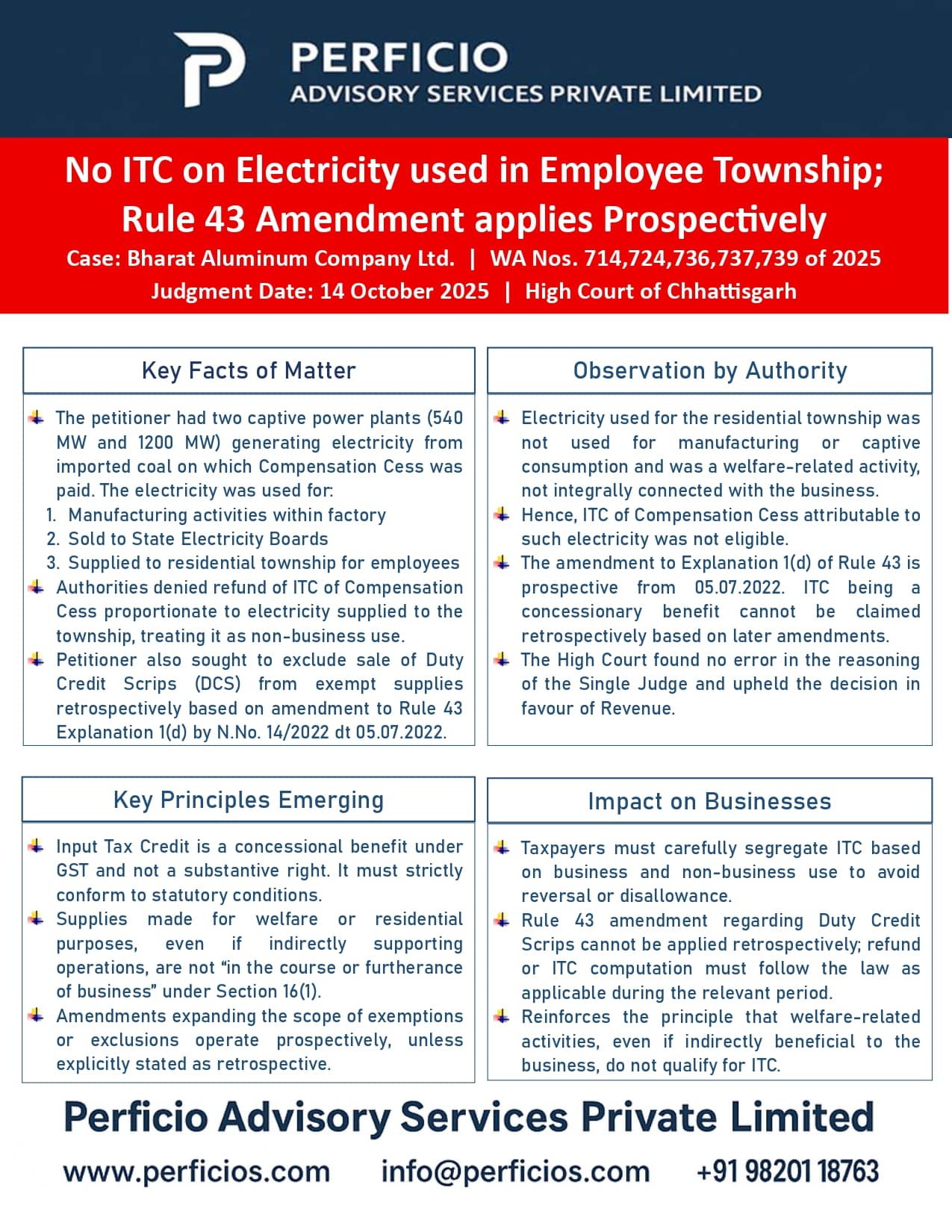 GST High Court Ruling - No ITC on Electricity used in Employee Township; Rule 43 Amendment applies Prospectively
