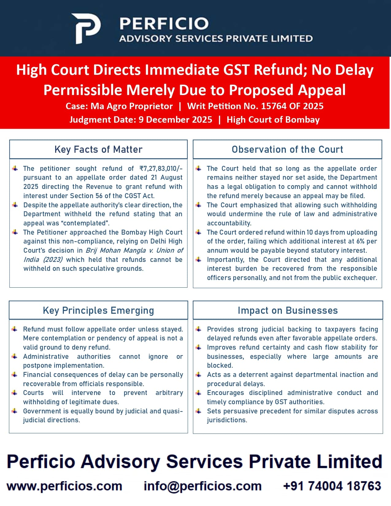 GST Ruling -- High Court directs immediate GST Refund; No Delay Permissible merely due to Proposed Appeal